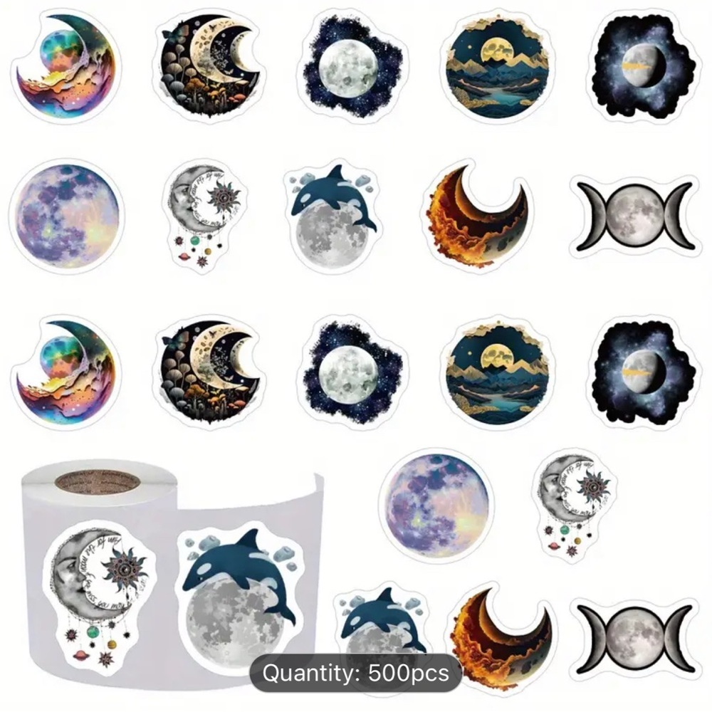 PRICE IS FIRM - Roll of 500 Moon (10 different design) Stickers - Picture 2 of 3